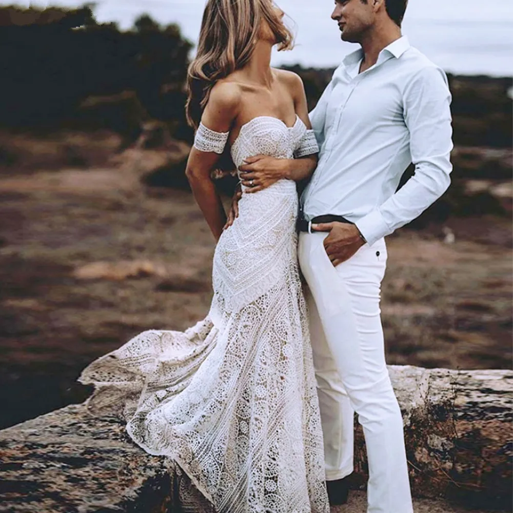 

Bohemian Mermaid Beach Wedding Dresses 2019 Vintage Off Shoulder Crochet Cotton Lace Fishtail Hippie Country Bridal DresS