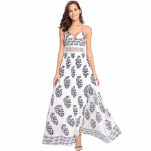 

Samiarit Women's print flowers A-line floor length waist empire v neck spaghetti strap dresses sexy club beach bohemian dress