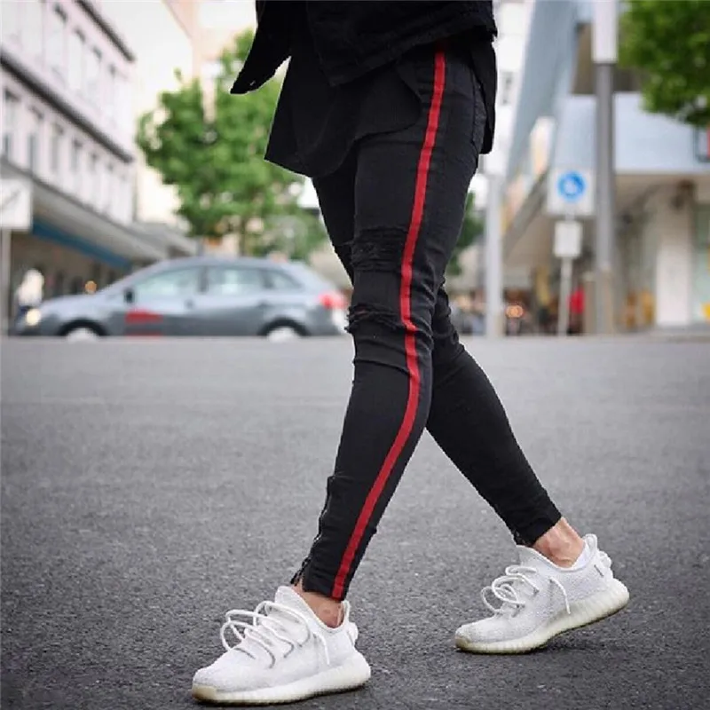 biker jeans with red stripe
