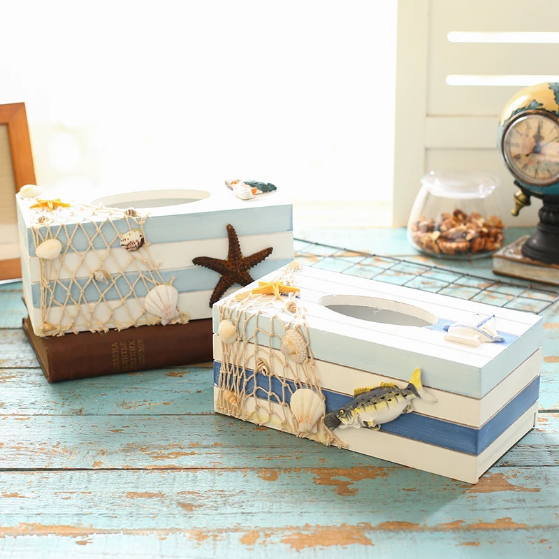 

Mediterranean Style Paper Towel Box Creative Fresh Home Crafts Wooden Tissue Box Seafood Restaurant Napkin Holder