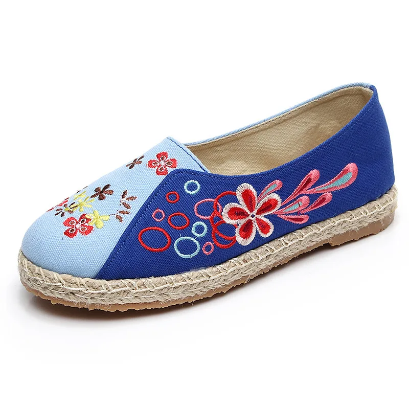 Coton Veowalk Broderie Bas Espadrilles Plates Chaussures Lin Florale vert Mocassins Dames Beige bleu Main Toile Chanvre Slip Femmes Confort on qBFxwBXr