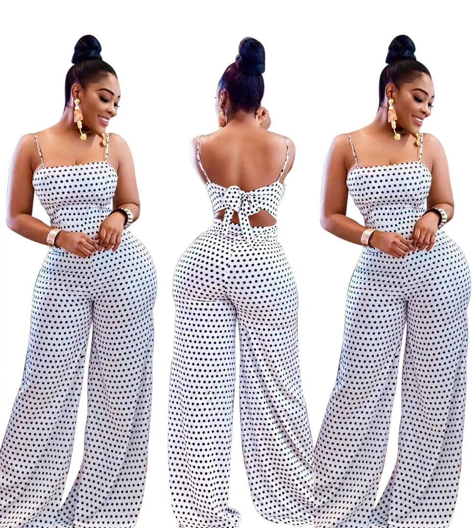 

White Polka Dot Pattern Women Casual Spaghetti Jumpsuits Sexy Bow Back Strapless Sleeveless Full Length Long Jumpsuits Pants