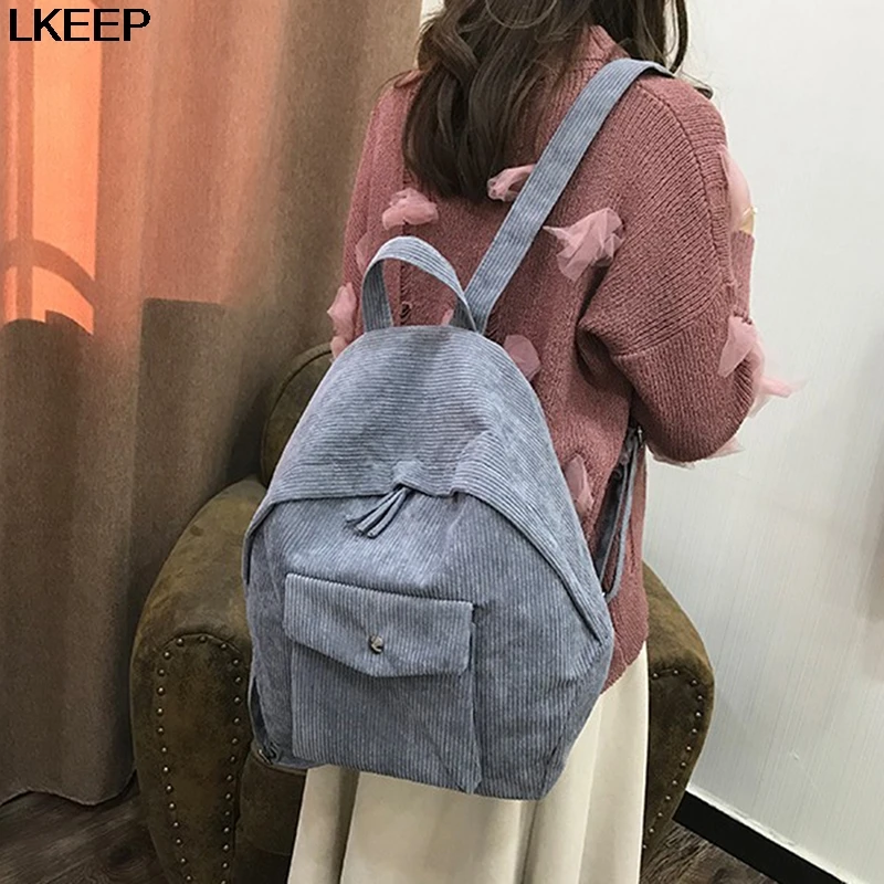 Soft Fabric Backpack Female Corduroy Design School Backpack Solid Color