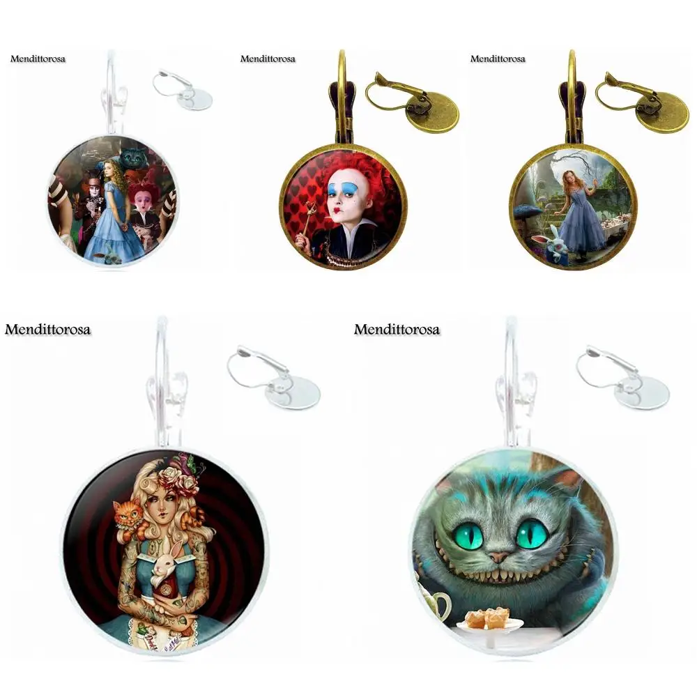 

For Women Gift Vintage Jewelry Plated With Glass Cabochon Bronze/Silver/Golden Clip Ear Hook Drop Earrings Alice in Wonderland