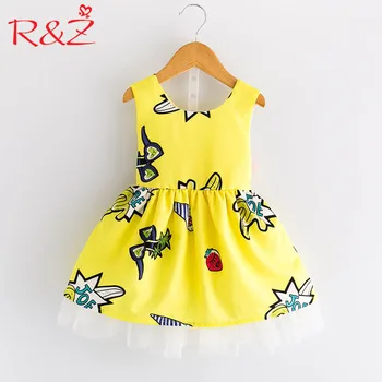 

R&Z Baby Girls Clothing 2019 New Summer Printed Yellow Cartoon Cutout Ribbon Bow Mesh Vest Dresses for Kids Children's Clothing
