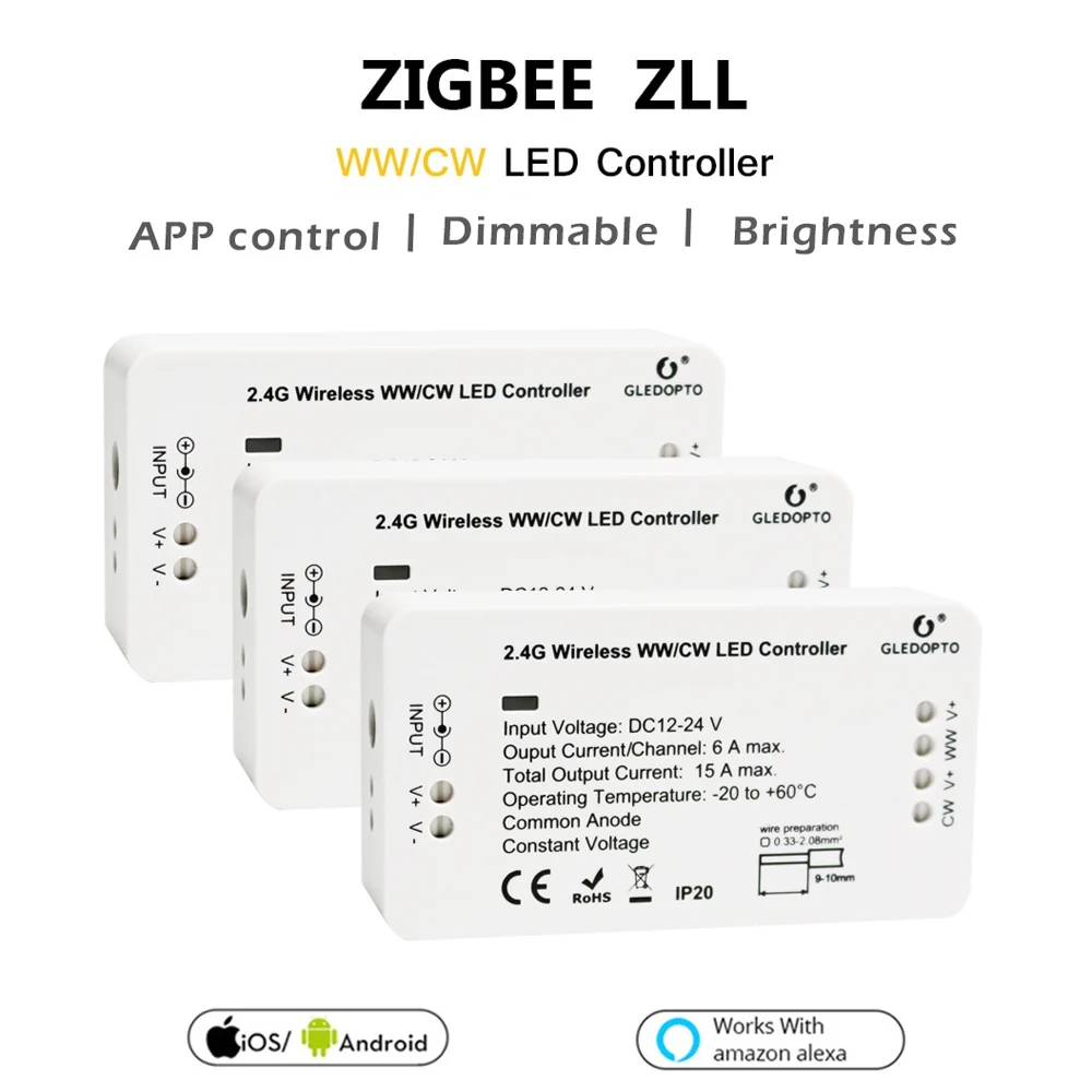 ZIGBEE WW CW Светодиодный контроллер совместимый умный дом мост ZIGBEE Диммер для светодиодной ленты DC 12 В 24 в Amazon Alexa Echo ZLL контроллер