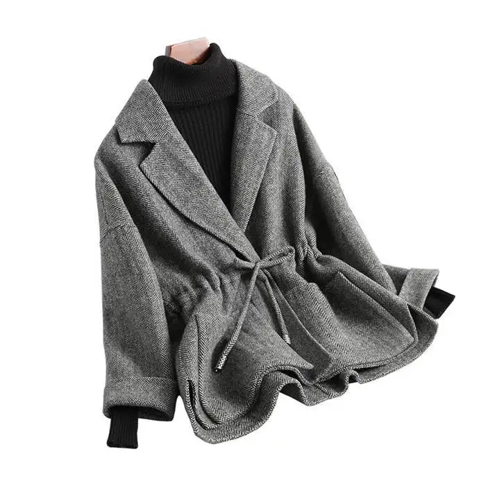 Осень зима новое шерстяное пальто на шнуровке с отложным воротником женское твидовое короткое клетчатое пальто куртка утолщенная Свободная верхняя одежда - Цвет: Серый