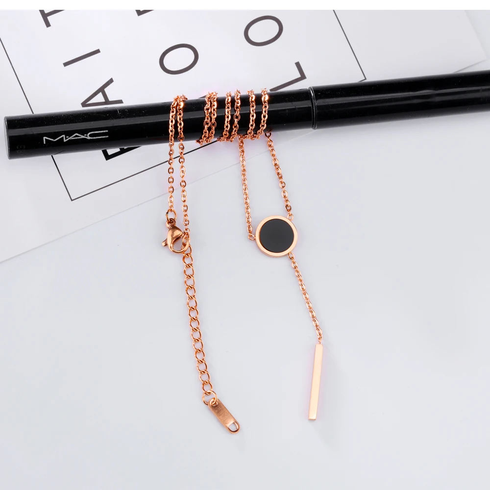 JeeMango Rose Gold Color Female Round Black Cake Necklace Titanium Steel Tassel Pendant Neckalce For Christmas Gift OGX1275