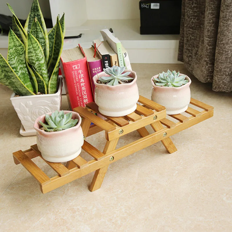 Bamboo Small Flower Pot Trays Desktop Storage 2 Tier Rack Bathroom