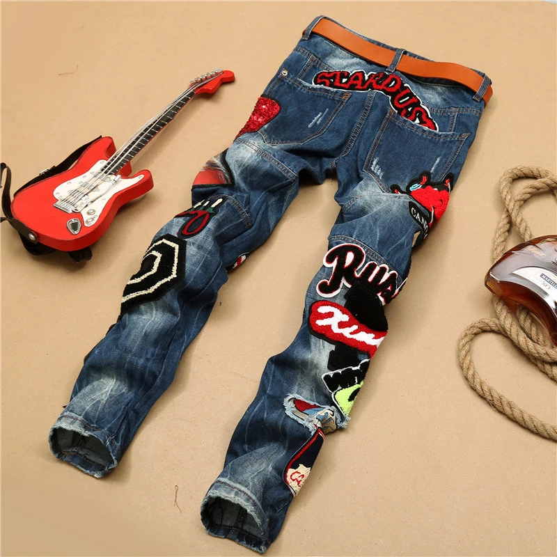 Джинсы для мужчин облегающие джинсы в стиле панк с синей вышивкой и блестками