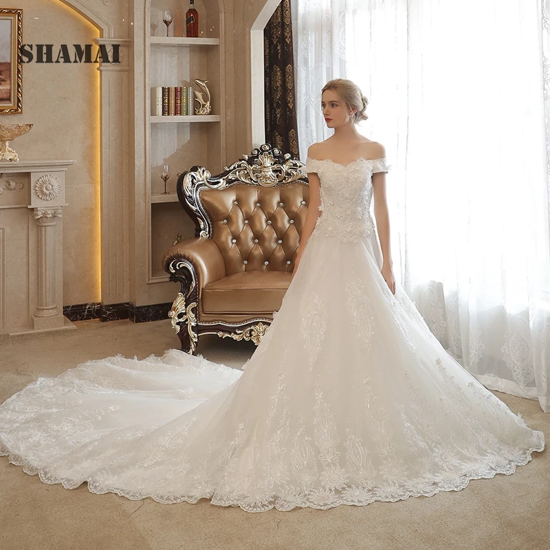 SHAMAI Elegant Bride Dress 2018 New Wedding Dresses Off Shoulder Lace Appliques Sequined Beaded Gowns Robe De Mariage | Свадьбы и