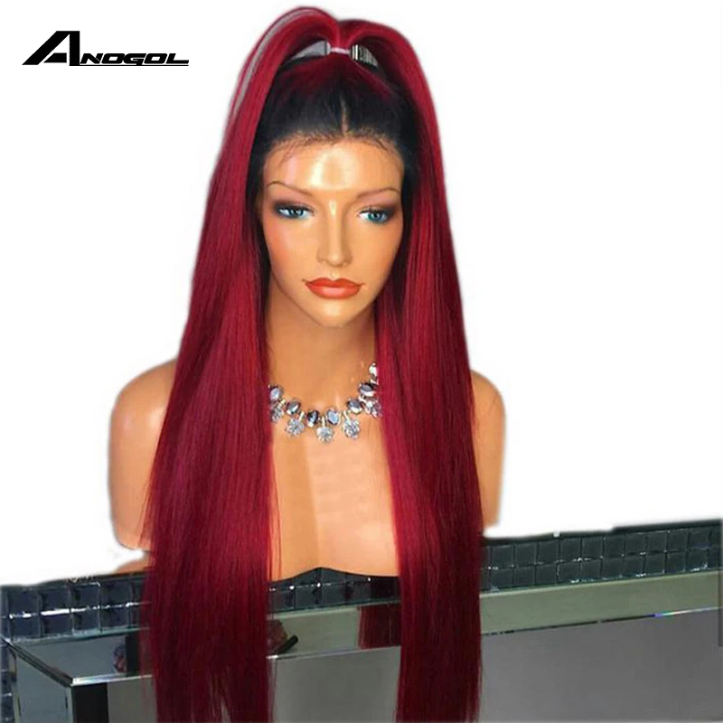 

Anogol Red Wig Synthetic Lace Front Wig With Baby Hair Long Ombre Wig 180% Density Heat Resistant Straight Wigs For Black Women