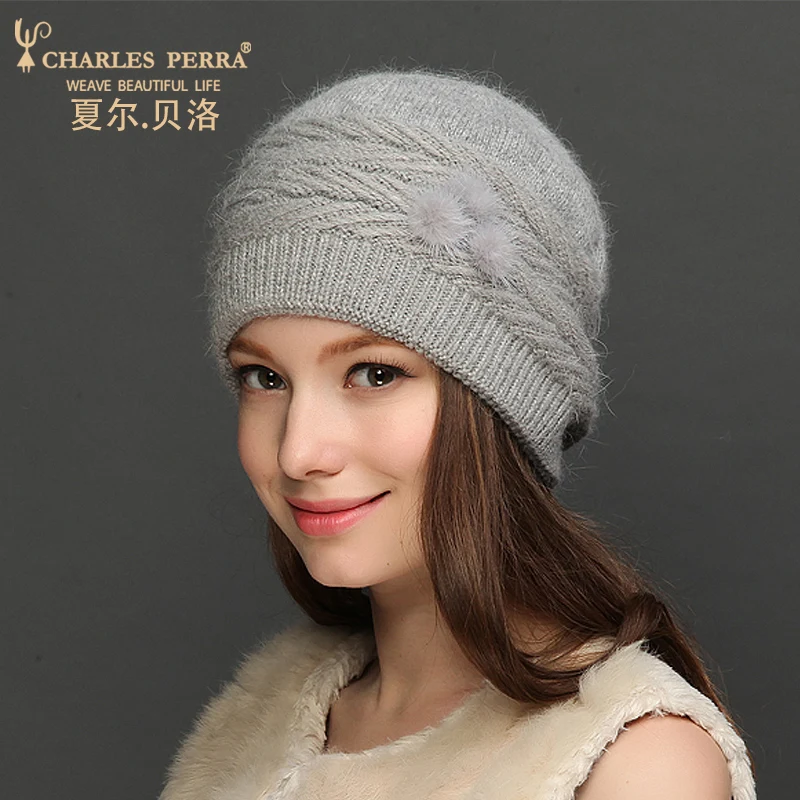 US $22.39 Charles Perra Women Wool Hats New Autumn Winter Rabbit Hair Knitted Caps Warm Protect Ear Casual Femal Skullies Beanies 7310