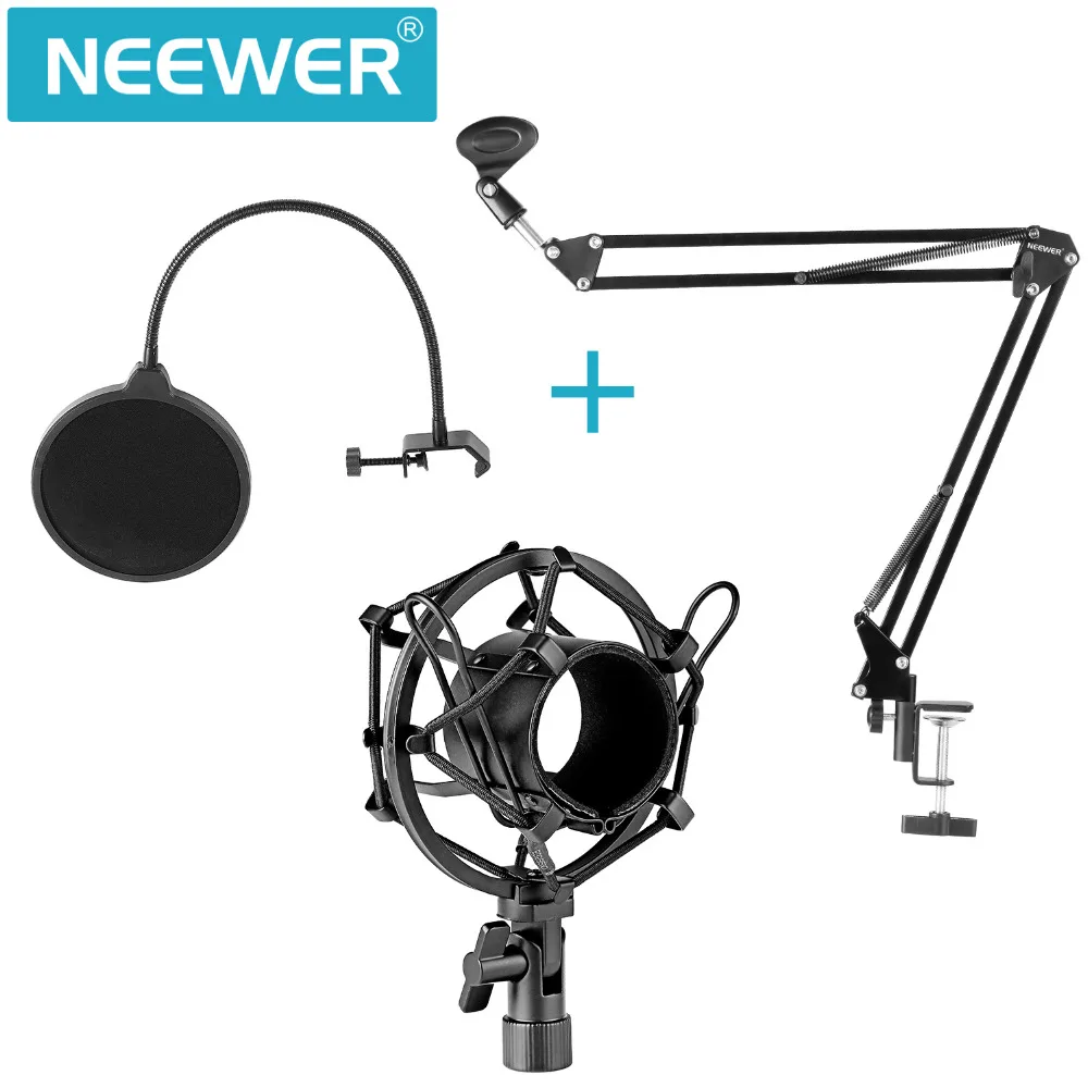 Neewer NB-35 Подвеска для микрофона, подставка, держатель с зажимом и настольный монтажный зажим, поп-фильтр, маска на ветровое стекло, Ударный комплект