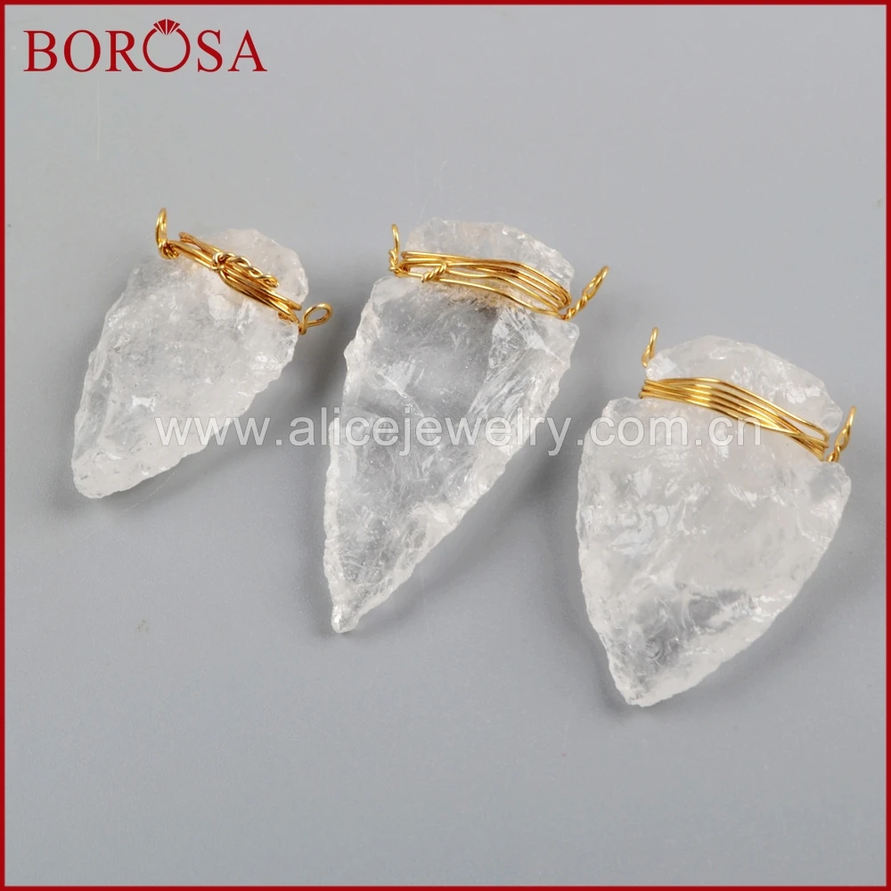 BOROSA 10/20pcs Gold Wire Wrap White Quartz Arrowhead Connectors Drusy Pendant Natural Jewelry for Necklace G1646 | Украшения и