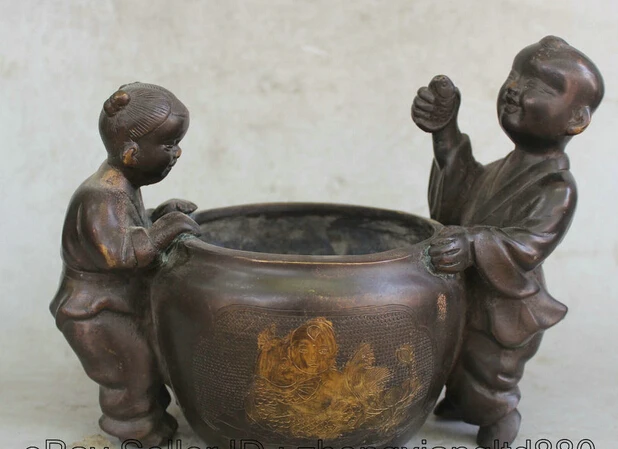 

JP S0524 9" Old Chinese Palace Purple Bronze 2 Kid Boy Statue ashtray Jar Clock Censer