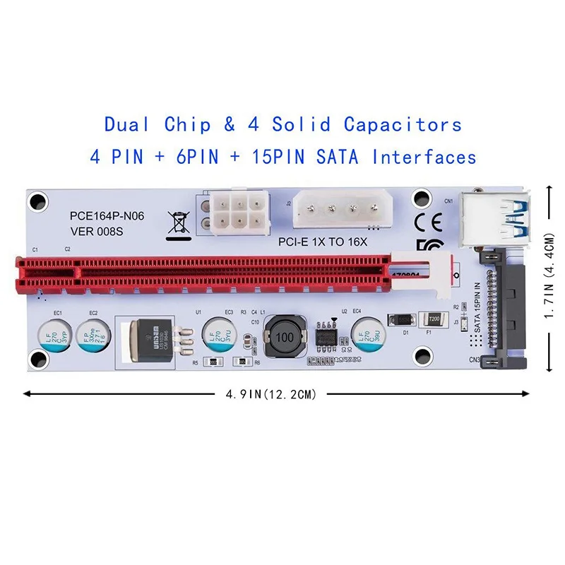 Hot Selling 6PCS 008S 3 In 1 PCIe PCI-E PCI Express Riser Card 1x To 16x USB 3.0 Data Cable For Bitcoin Mining BTC Graphics Card-4