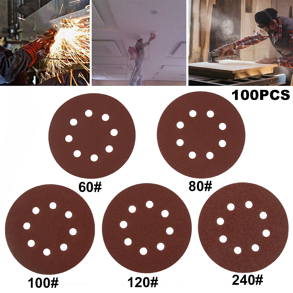 

100pcs 125mm Sanding Discs 8 Hole Round Shape Buffing Sheet Sandpaper Abrasive Tools Sander Polishing Pad 60 80 100 120 240 Grit
