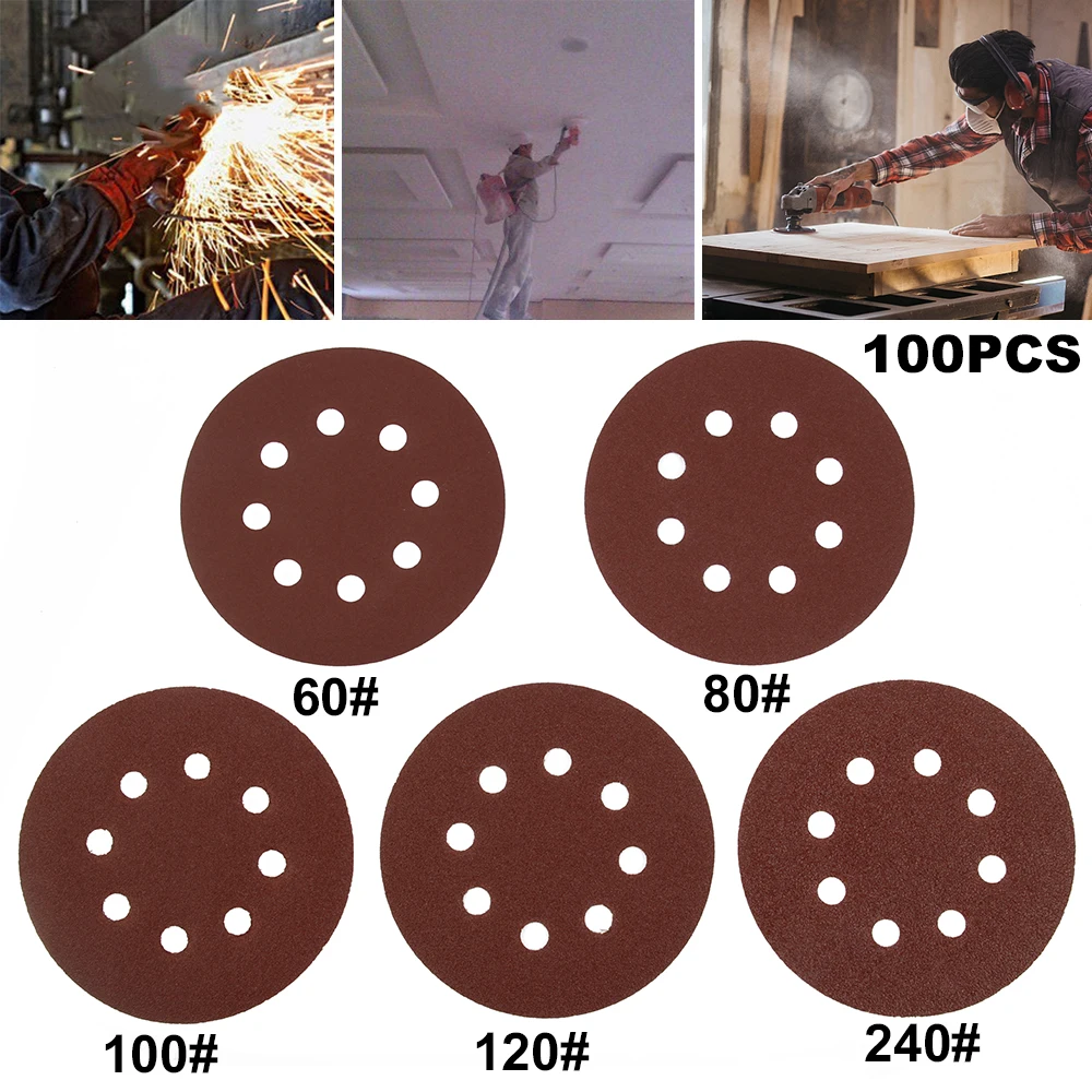 100 шт. 125 мм Шлифовальные диски 8 круглое отверстие Форма полировка лист абразивная Шкурка наждачная инструменты Полировочная, шлифовальная