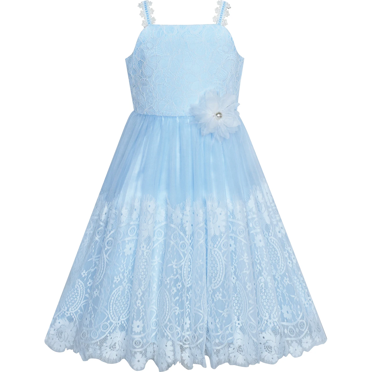Платье для девочек с цветочным узором сине-белые кружевная Свадебная вечеринка, платье подружки невесты, Летнее платье принцессы платья для девочек детская одежда торжественное открытое женское платье без рукавов Vestidos