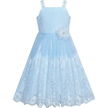 Платье для девочек с цветочным узором сине-белые кружевная Свадебная вечеринка, платье подружки невесты, Летнее платье принцессы платья для девочек детская одежда торжественное открытое женское платье без рукавов Vestidos