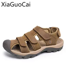 Дышащая обувь из натуральной кожи мужские сандалии в римском стиле Стиль высокое качество пляжные мужские сандалии Hook& Loop плоские сандалии