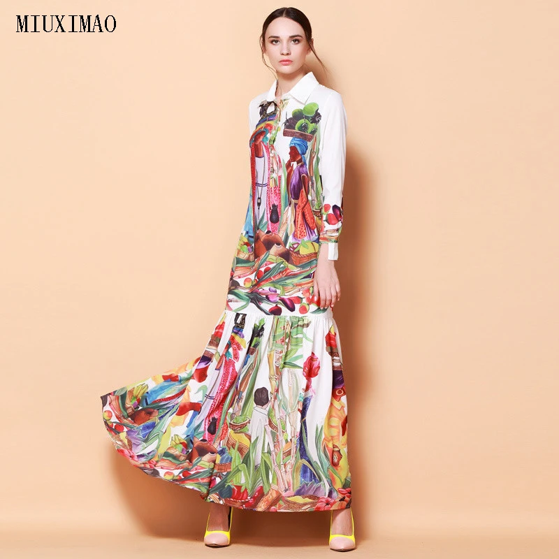 High Quality Newest Fashion Runway Turn Down Collar Maxi Dress Women's Long Sleeve Retro Art Printed Designer Long Dress