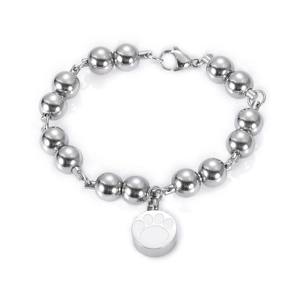 

IJB5104 316L Stainless Steel Big Bead Chain Memorial Urn Bracelet Pet Paw Print Round Charm Cremation Jewelry Bracelet