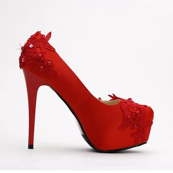 

Spring Red Satin High Heel Platform Elegant Bridal Shoes Stiletto Heel Wedding Shoes Sequins Lace Party Prom Pumps