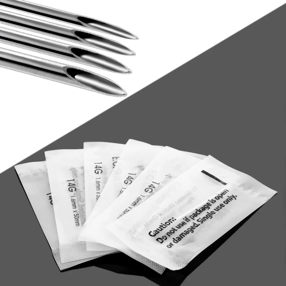 10pcs/lot 14G 16G 18G 20G Stainless Steel Tattoo Needles Nose Piercings Ear Sterile Needle Body