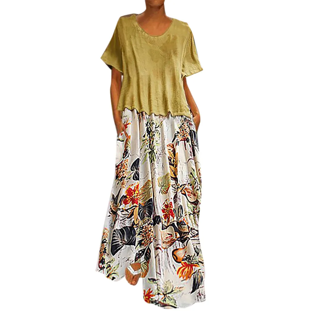 Женское винтажное Макси-платье размера плюс, комплект из двух частей, Длинные свободные льняные платья в стиле пэчворк, с круглым вырезом, с коротким рукавом, Dreaped Vestidos