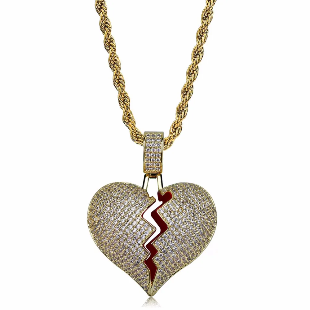 

OMYFUN Broken Heart Necklace Hiphop Men Jewelry CZ Iced Pendant Necklace Bijoux Gold Color Necklace Bling Hot Rapper Jewelry