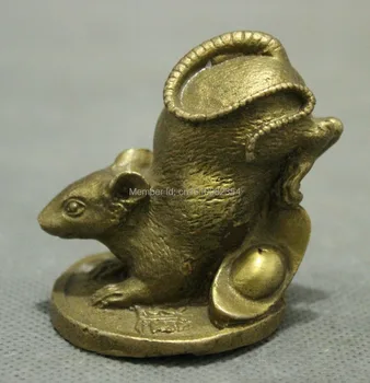 

Chinese Pure Brass Lovely Year Zodiac Mouse Play YuanBao Coin Statue Sculpture