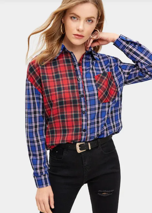 

Mr.nut new plaid shirt female lapel color matching Office Lady Turn-down Collar women blouses