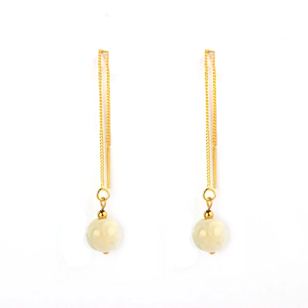 

MYWINY New fashion jewelry long copper chains stud earrings ,handmade Aventurine Lotus engraved earrings