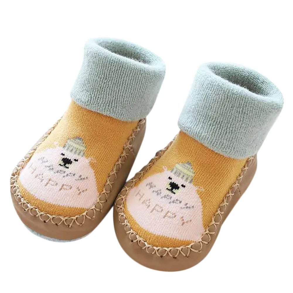 Нескользящая обувь с рисунком животных для маленьких мальчиков и девочек вязаные теплые носки домашние носки-тапочки кожаная Нескользящая толстая подошва