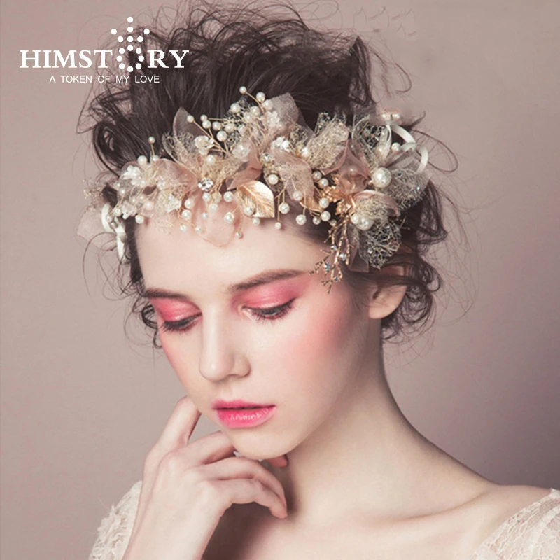 

Luxurious Gold Plated Headband Tiara Women forehead pearl jewelry hairband floral hair ornaments Bride Gifts Wedding Accessories