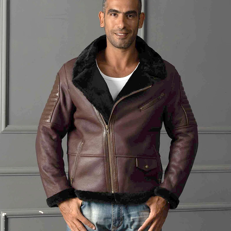 60% OFF 8016 high quality super warm genuine sheep leather jacket mens big size B3 shearling bomber military fur jacket