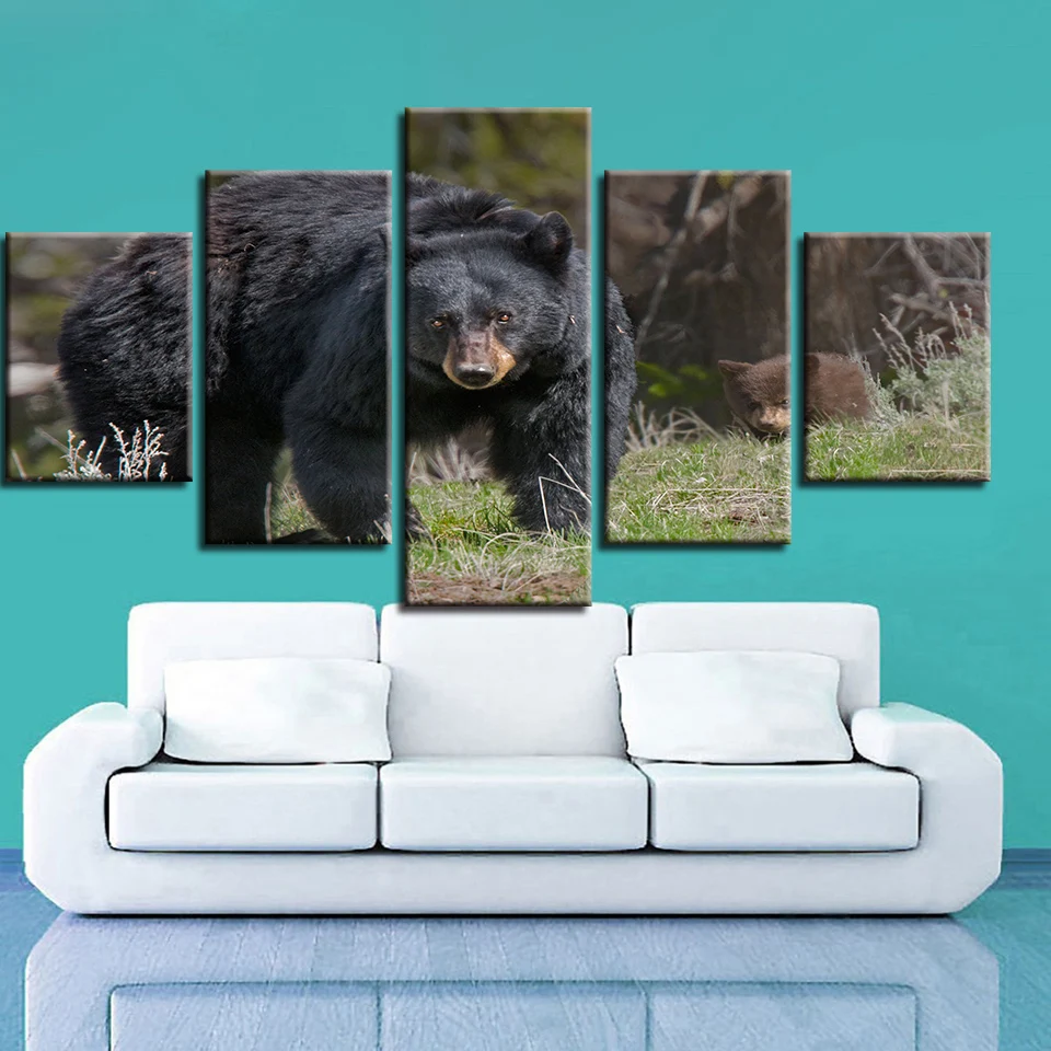 

Picture Decor Wall Framework Modern HD Prints Art 5 Pieces Animal Black Dog Bear Scenery Modular Canvas Paintings Poster Artwork
