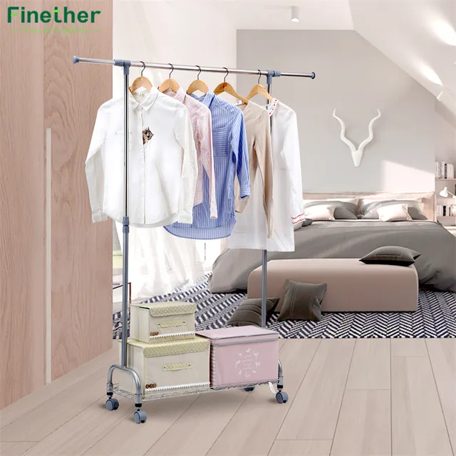 Finether Adjustable Rolling Garment Rack Clothes Storage Organization Drying Hanging Portable Wardrobe Bottom Organizer