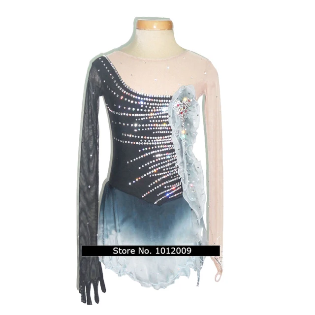 Cheap Customized Costume Ice Skating Figure Skating Dress Gymnastics Adult Child Girl Skirt Competition Rhinestone Black Shiny