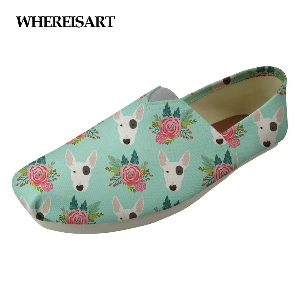 

WHEREISART Cute Bull Terrier Print Women Loafers Shoes 2019 Summer Female Flats Canvas Lazy Shoes for Female Girls Breathable