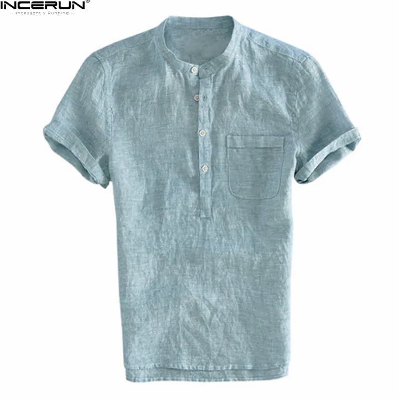 INCERUN, летняя мужская рубашка с коротким рукавом, брендовые модные мужские рубашки, льняная рубашка со стоячим воротником, небесно-голубая рубашка, Мужская сорочка, Camisas Masculina - Цвет: Light Blue