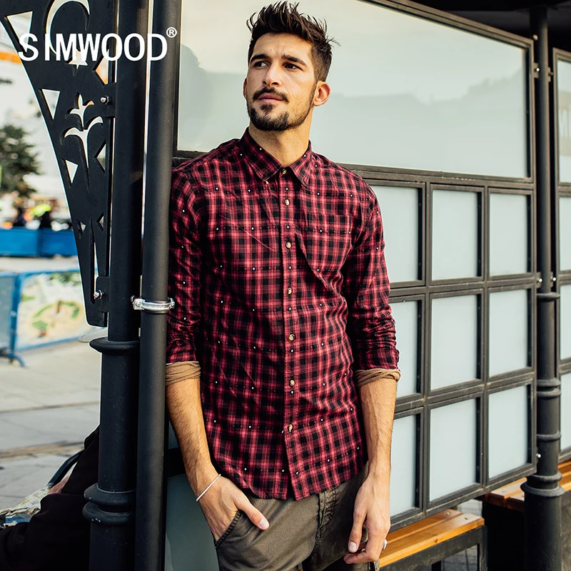 SIMWOOD 2019 осенние мужские рубашки хит модные красные в клетку с поворотным