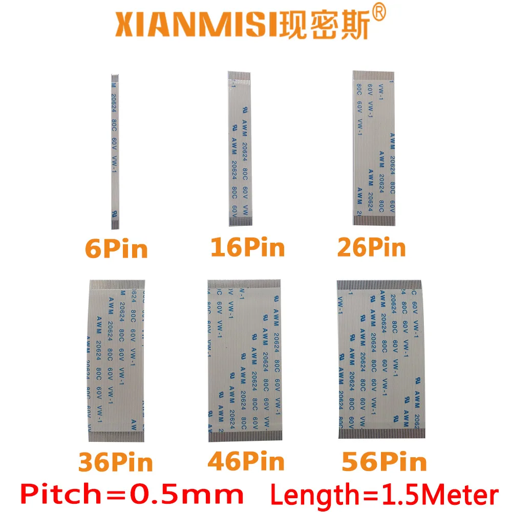 FFC FPC Flat Flex Extension Cable 6Pin 16Pin 26Pin 36Pin 46Pin 56Pin Same Side 0.5mm Pitch AWM VW 20624 60V Length 1.5Meter 5PCS |