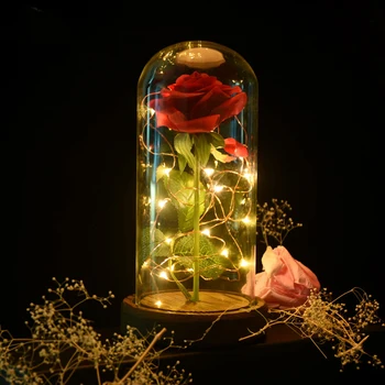 

Artificial Red Rose and Led Light Simulation Decor Flower In Glass Dome Valentine's Day Lovers Gift for Home Wedding Party
