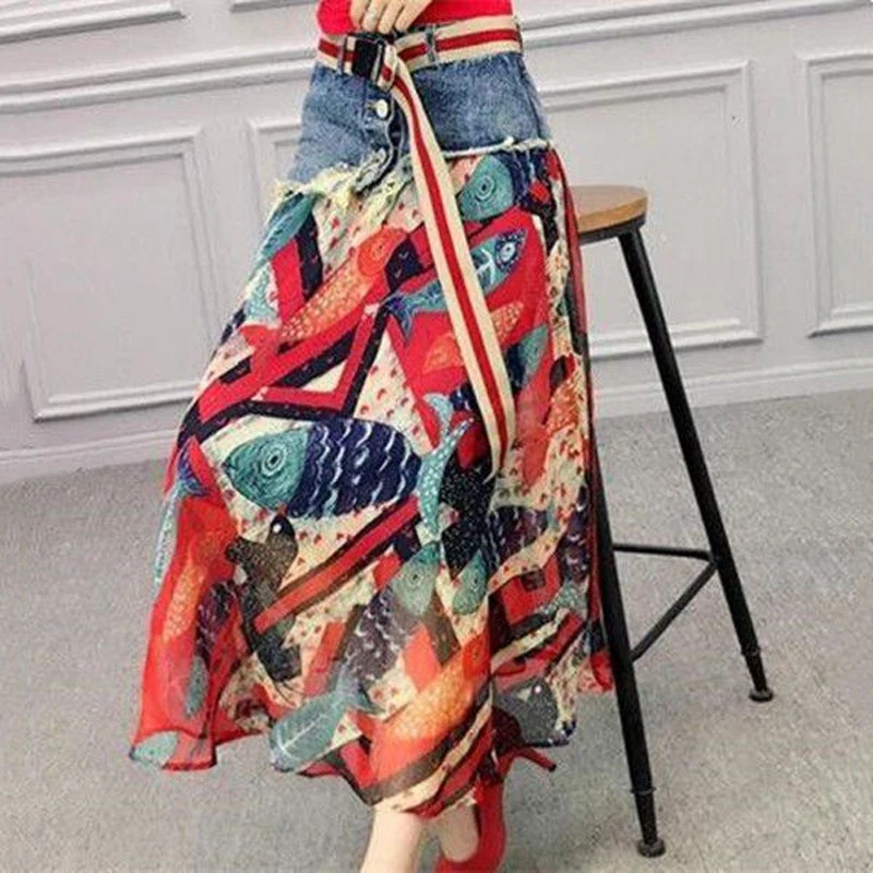 

New fashion skirt with belt summer high waist denim stitching chiffon skirt