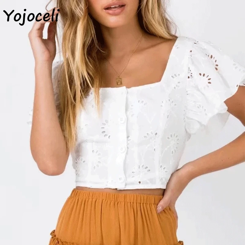 Yojoceli Лето 2019 г. рюшами рукавом Хлопок Вышивка блузки рубашки топы для женщин