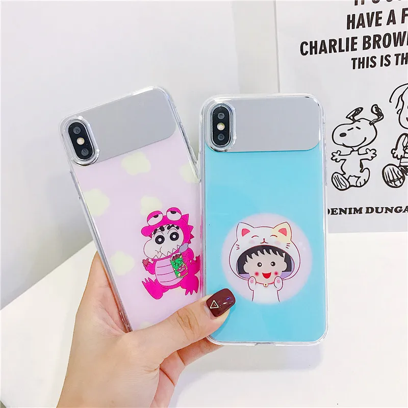 mirror surface Cute cartoon Chi-bi Maruko Crayon Shin-chan Pink blue IMD phone Case For Apple iphone 6 6s 7 8 Plus X XS XR MAX |
