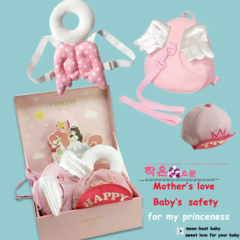 

2017New 3Pieces Baby Sets Anti-Lost Backpack Hat&Baby Head protection Pad Pink Blue Fashion Prince&Princeness Gift Sets